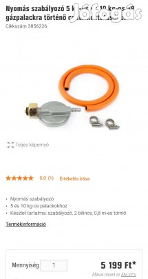 Nyomás szabályozó 5 kg-os és 10 kg-os PB gázpalackra csatlakozáshoz