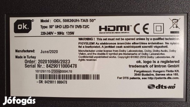 OK. ODL50820UH-TAB LED tv Android 17IPS72 Mainboard elkelt!