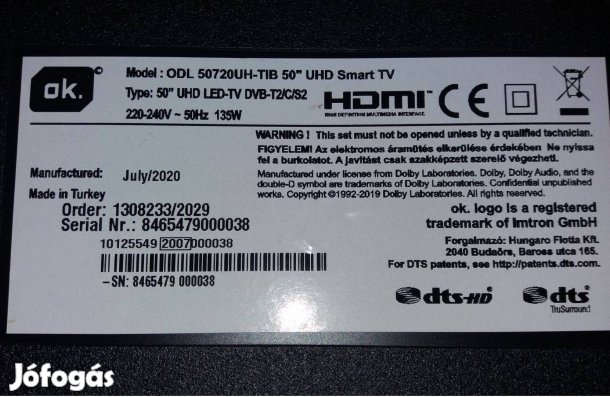 OK. ODL 50720UH-TIB UHD 4K LED tv komplett háttér világítás eladó