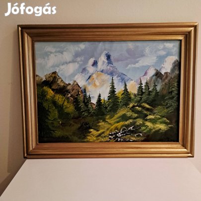 Olajfestmény, hegyvidéki tájkép keretezett