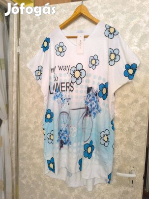 Olasz fehér alapon kék virágmintás miniruha, tunika 46-48-as