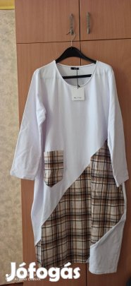 Olasz fehér barna kockás hosszú ujjú pamut ruha 48-as