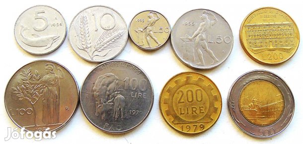 Olasz líra fémpénz érme csomag. 9 db egyben