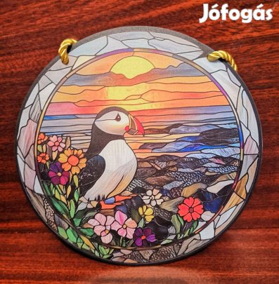 Ólomüveg hatású ablakdísz lunda (puffin) motívum 20 cm