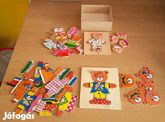 Öltöztethető fa macifigurák: 1 db. fadobozban+ 1 db. nagyobb