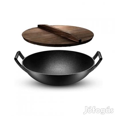 Öntöttvas hagyományos kínai wok fa fedővel 36,5 cm