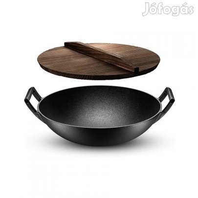 Öntöttvas hagyományos kínai wok fa fedővel 36,5 cm