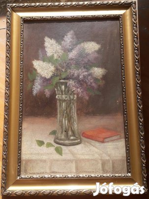 Orgona csendélet festmény 71x50 cm ,míves keretben, kortárs, jelzett