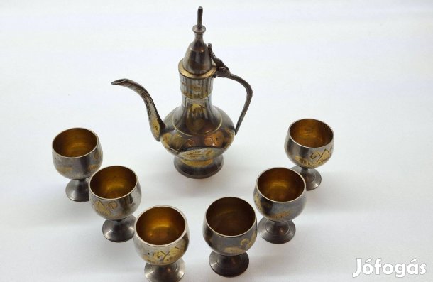 Orientális réz likőrös készlet 6 pohár + kiöntő