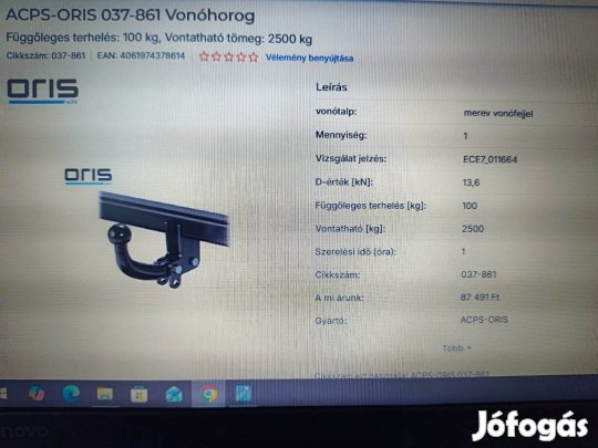 Oris vonóhorog, Peugeot, Fiat, Citronen kisteherautókra, új!