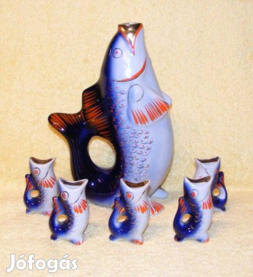 Orosz porcelán hal italos kiöntő + 5 db pohár