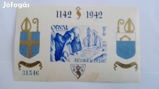 Orval Belga Apátság 1942-es blokkbélyeg falcos