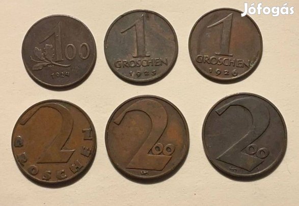 Osztrák Köztársaság aprópénzei 1, 2 és 100 Groschen,