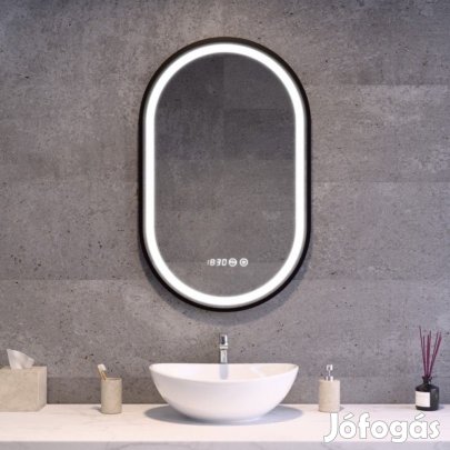 Ovális LED tükör fekete kerettel 50x80cm | Páramentesítő - Óra - Fény