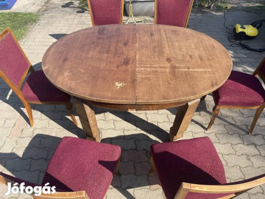 Ovális, bővíthető fa étkezőasztal, 6 székkel