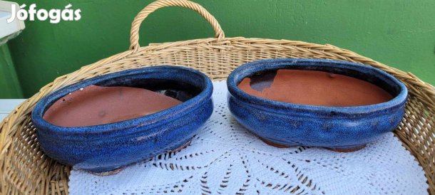 Ovális mázas kerámia bonsai tál pár -2 db kék