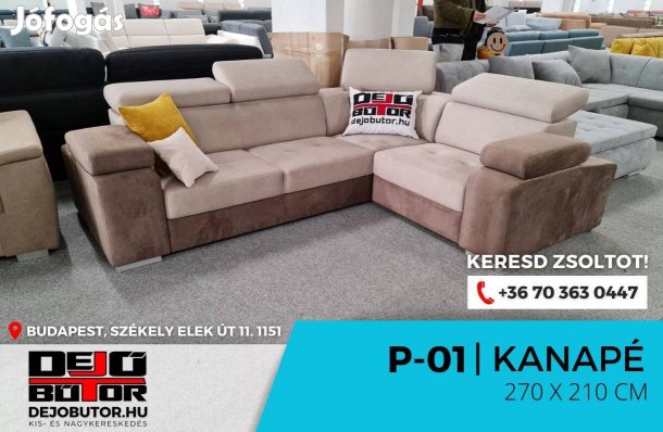 P-01 rugós barna bézs sarok kanapé ülőgarnitúra 270x210 cm ágyazható
