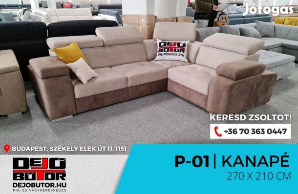 P-01 sarok kanapé ülőgarnitúra rugós 270x210 cm drapp bézs ágyazható