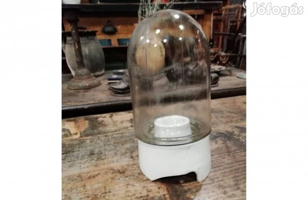Pajta lámpa, porcelán foglalatos üveg burás falilámpa, 20. sz
