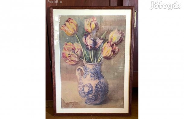 Palotay (Pájer) Alice "Tulipánok" régi akvarell csendélet festmény