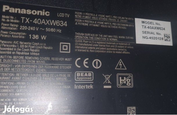 Panasonic TX-40Axw634 4K UHD LED LCD tv hibás törött alkatrésznek