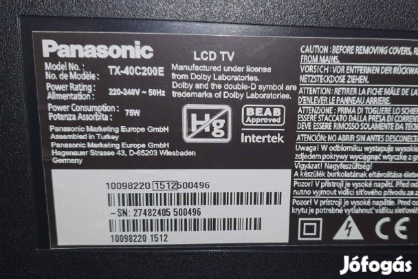 Panasonic TX-40C200E LED tv hibás törött 17MB82S 17IPS12 alkaésznekt