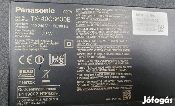 Panasonic TX-40CS630E LED tv hibás törött alkatrésznek main elkelt