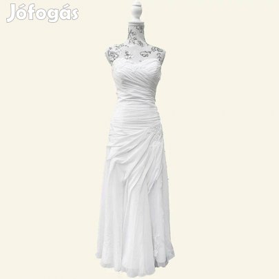 Pánt nélküli hímzett fűzős esküvői ruha legombolható uszállyal S-M