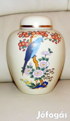 Papagájos, madaras porcelán fedeles váza