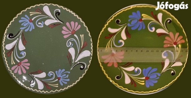 Párban eladó zöld, népi mázas kerámia tányér