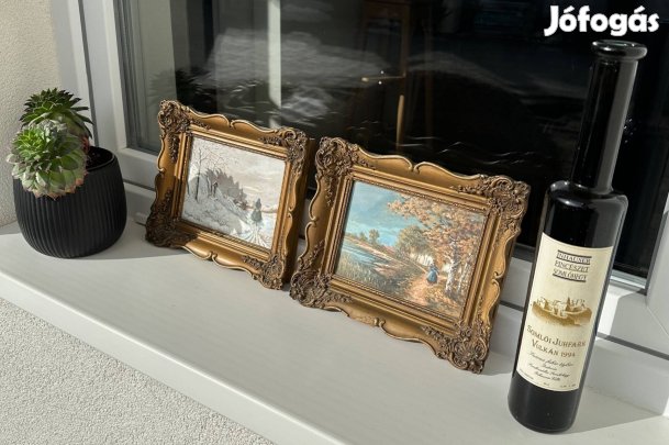 Párban festett tájképek, díszes aranyozott keretben