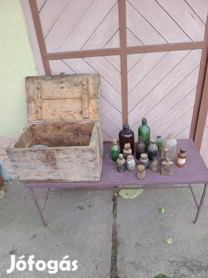 Patika üveg, gyógyszertári üveg + láda