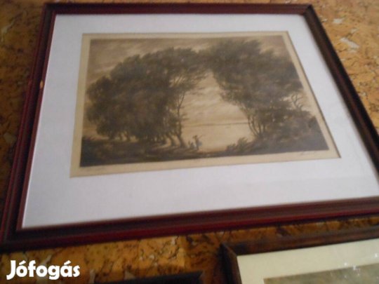 Paulovits P vihar után szinezett rézkarca üvegezett fakeretes képe