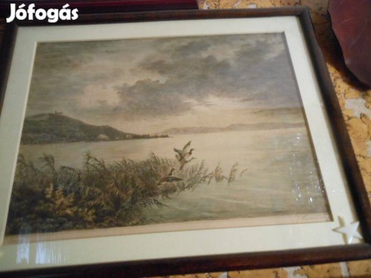 Paulovits Pál Tihany színezett rézkarca nagy üveges fakeretes43x53cm