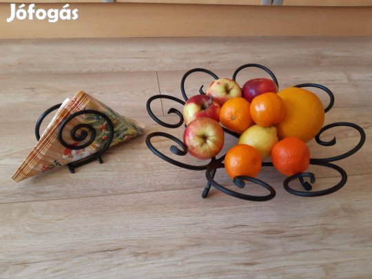 Pécs kovácsoltvas gyümölcs tál szett szalvéta tartó, tálaló kosár