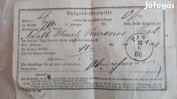 Pénzfeladási szelvény Tatai 1868-as ritka postatörténeti db