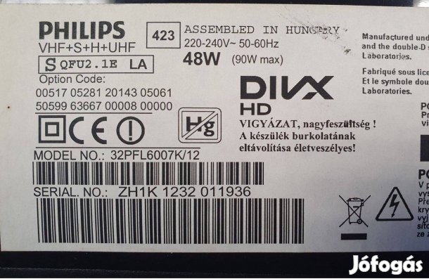 Philips 32PFL6007K/12 LED tv LED hibás,main elkelt! 6870C-0402C Lg