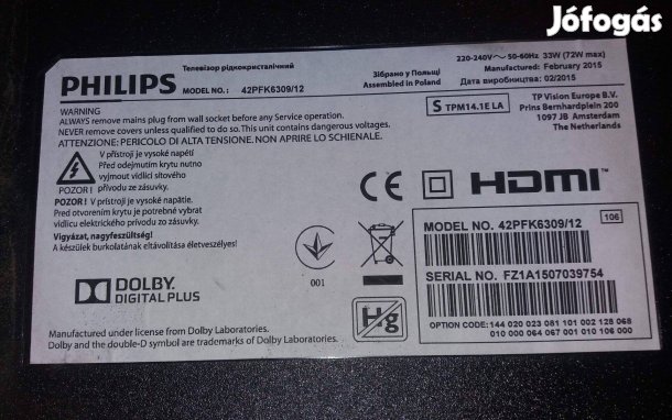 Philips 42PFK6309/12 LED LCD tv hibás törött alkatrésznek