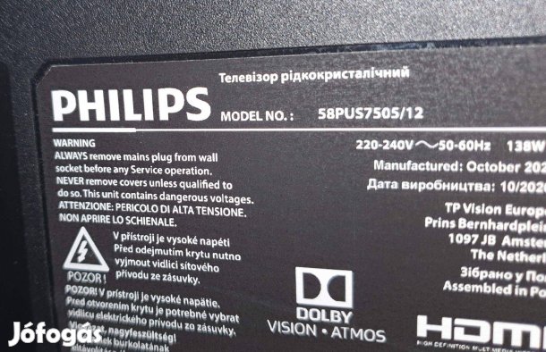 Philips 58Pus7505/12 LED tv hibás törött alkatrésznek eladó