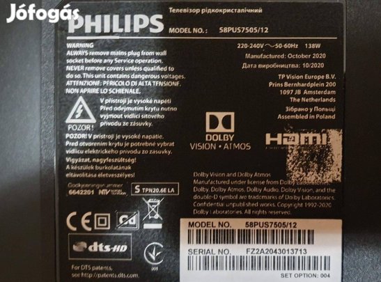 Philips 58Pus7505/12 LED tv törött alkatrésznek,main és Tcon elkelt