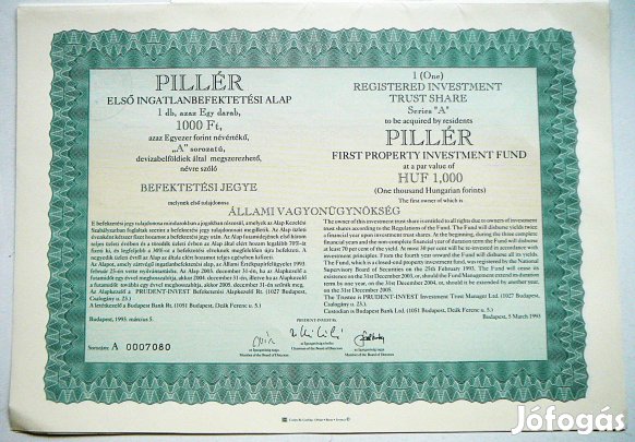 Pillér Első Ingatlanbefektetési Alap befektetési jegy 1993