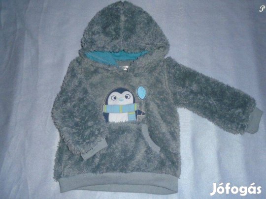 Pingvin mintás kapucnis puha pulóver 6-9 hó (méret 74)
