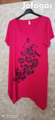 Pink rózsákkal díszített aszimmetrikus aljú hosszú póló, tunika 2XL-es