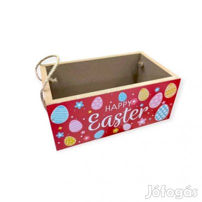 Piros fa húsvéti dekor doboz színes tojásokkal 20 cm