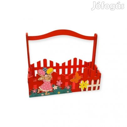 Piros fa húsvéti ládikó nyuszi mintával és fogantyúval 22x12,5x18,5