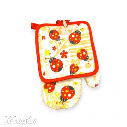 Piros-fehér katicabogaras edényfogó kesztyű és szalvéta 2 db-os készle