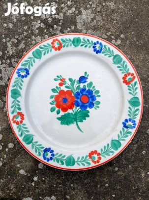 Piros-fehér-zöld-kék virágmintás jelöletlen porcelán tál