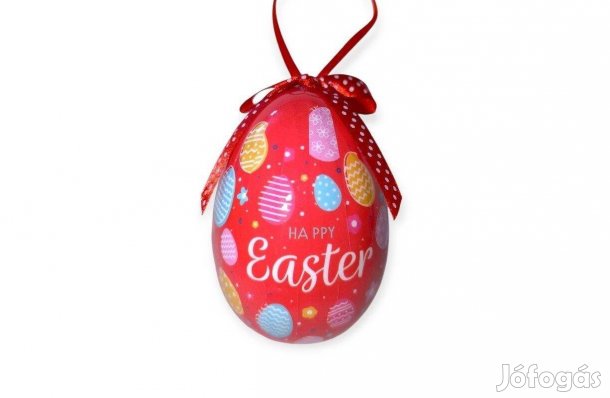 Piros húsvéti tojás dekoráció színes tojásmintával 10 cm