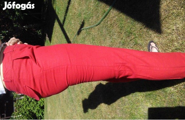 Piros lenvászon női nadrág magas derekú