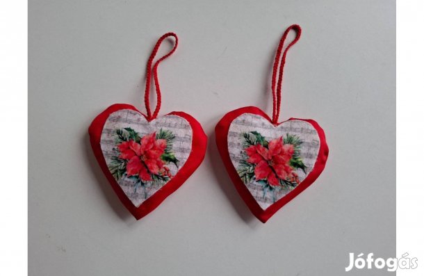 Piros textil szív virág mintával, akasztóval 10*10 cm új darabár